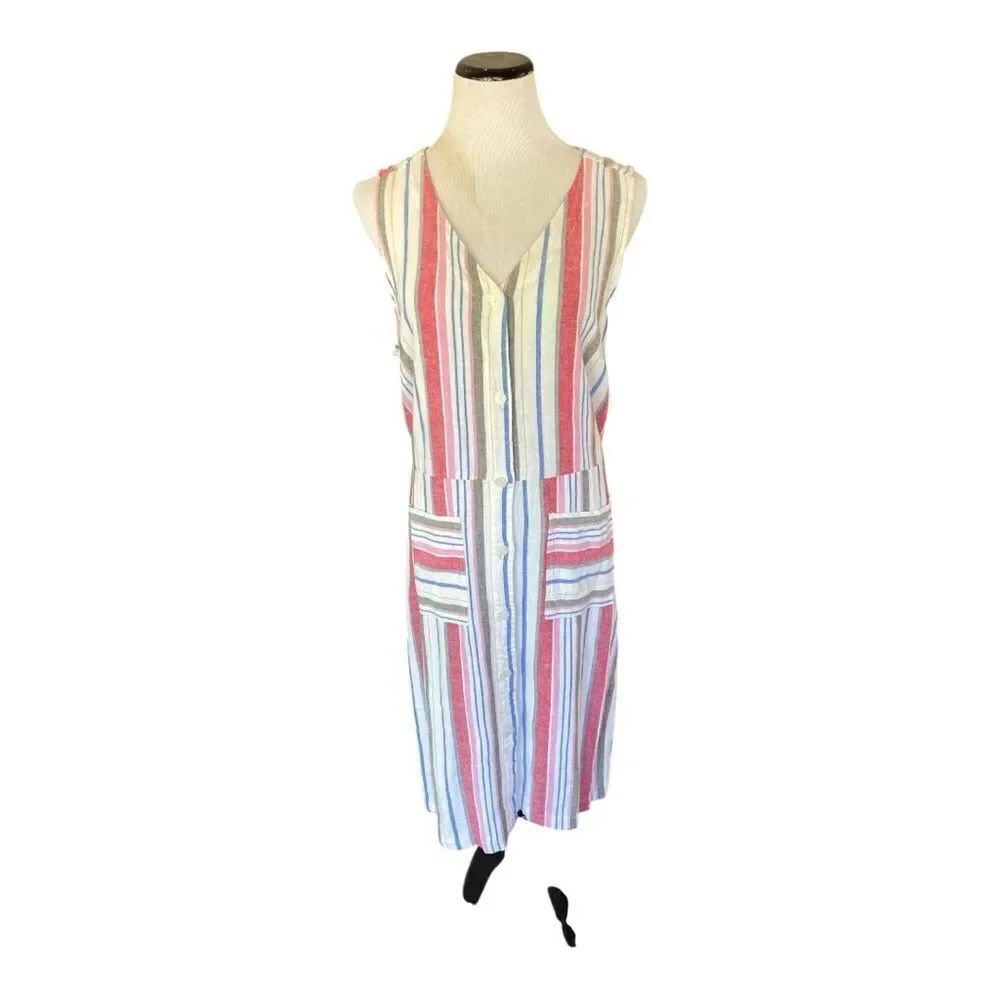 Old Navy Colorful Striped Button Down V Neck Pocket Sleeveless Dress Linen Sz L